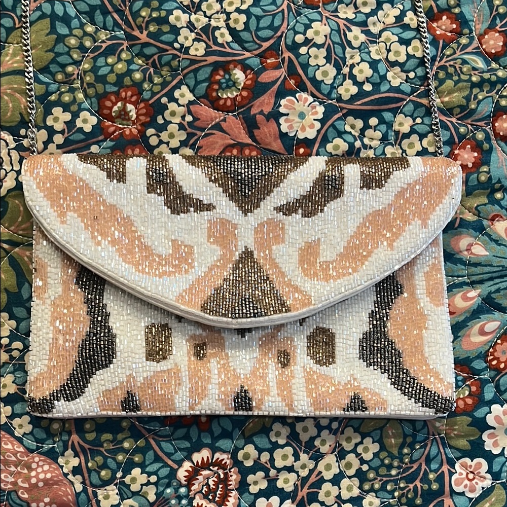 Shirdee Elegant Beaded Clutch - White, Brown, and Tan